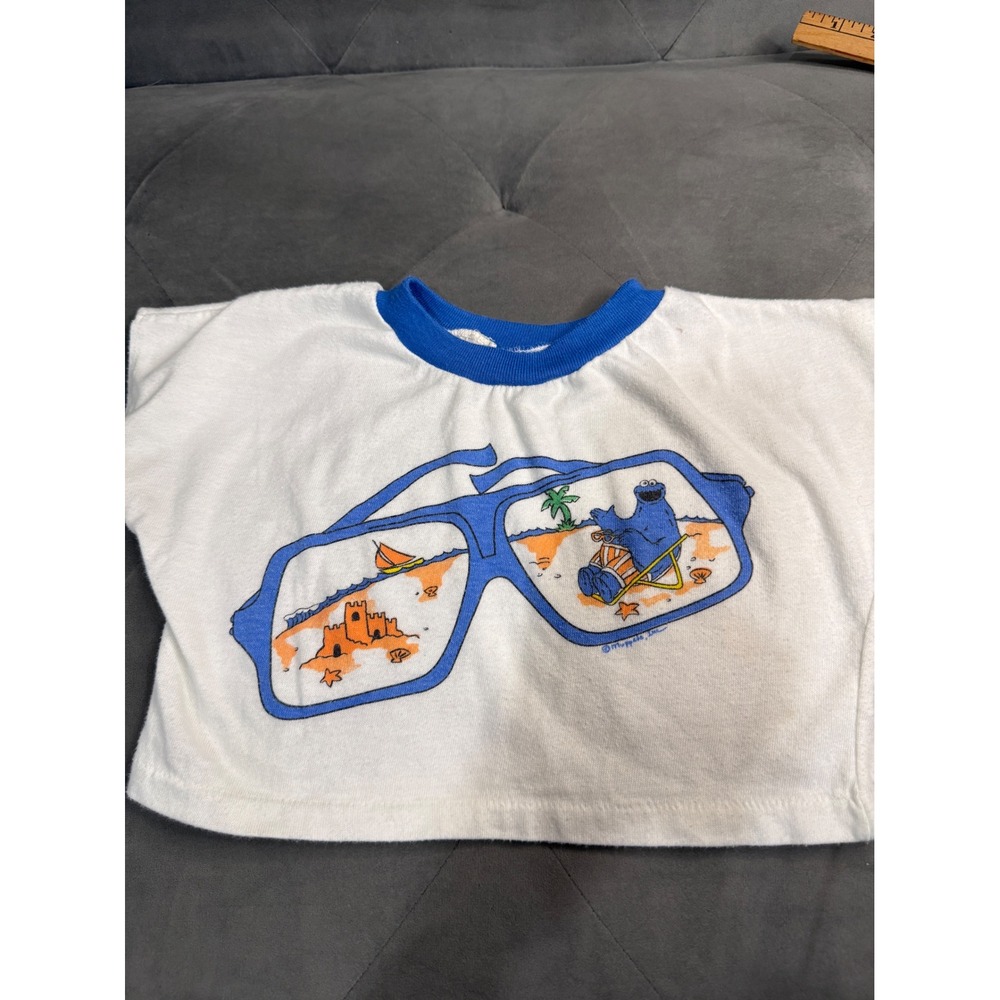 Vintage Sesame Street Cookie Monster Beach Sunglasses Crop Top White Blue Shirt